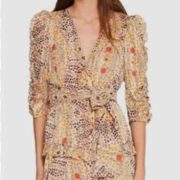 ba&sh Paris Happy Dress | Boho Ruffle Tiered Midi | Earth-Tone Floral | Small - Picture 2 of 13